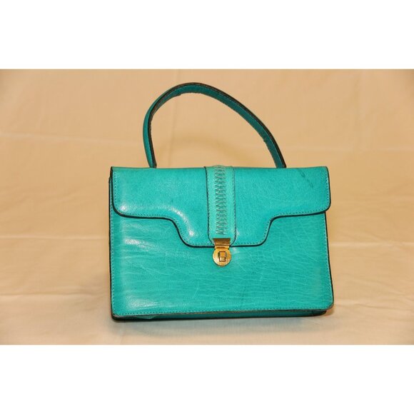 Vintage 1965 Italian Handbag Leather Turquoise Braided With Handle Gold Hardware - Picture 1 of 6